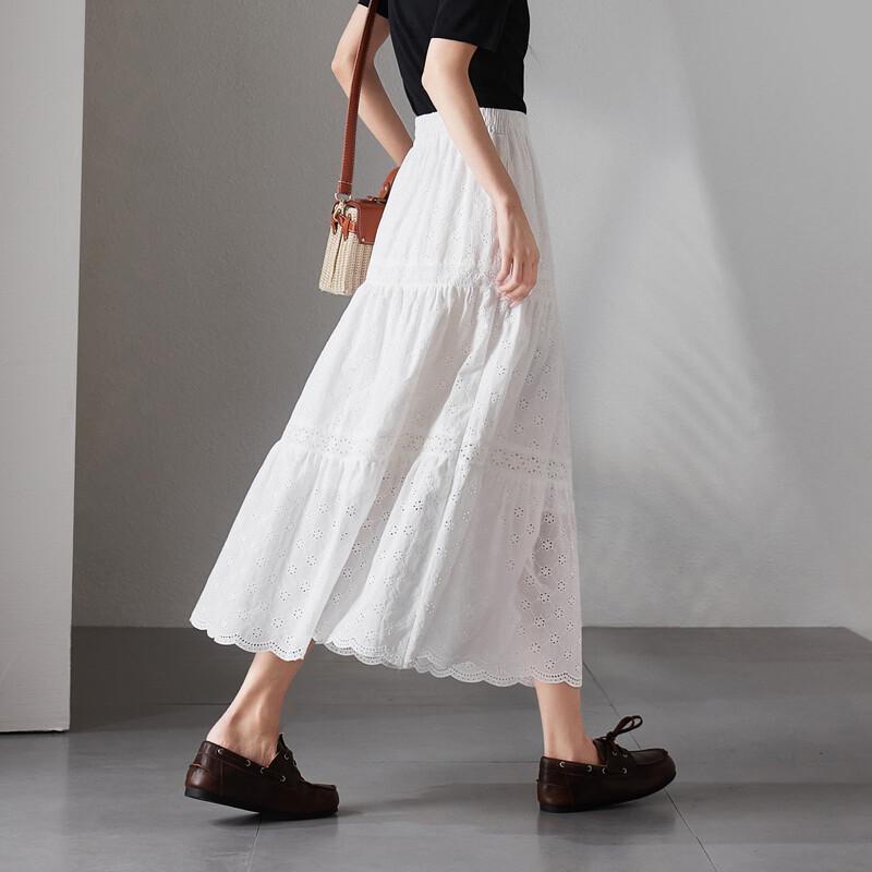 SOFSIL Women's White Floral Hollow-Out A-Line Midi Skirt