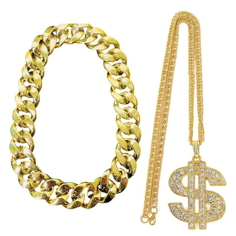 

2 Pieces Stylish Gold Chain Necklace Hip Hop Neck Jewelry Rapper Chains CCB Material Perfect Gift for Men and Women 50cm