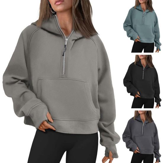 Felpa con cappuccio Autunno Inverno Cappuccio Mezza zip Tasca Maniche lunghe Ampia Tinta unita Polsino elastico Abbigliamento quotidiano Casual Sport Top