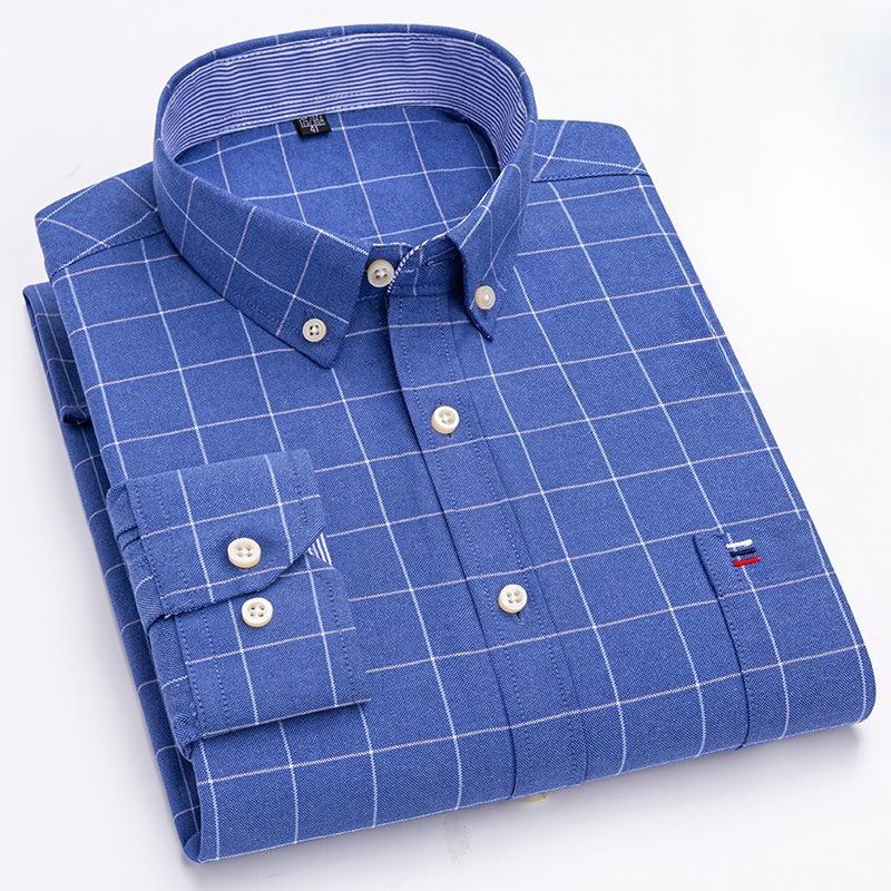 Herren Oxford Langarm Square Kragen Einfarbig Kariert Gestreift Sommer Freizeithemden Einzelne Tasche Hemd