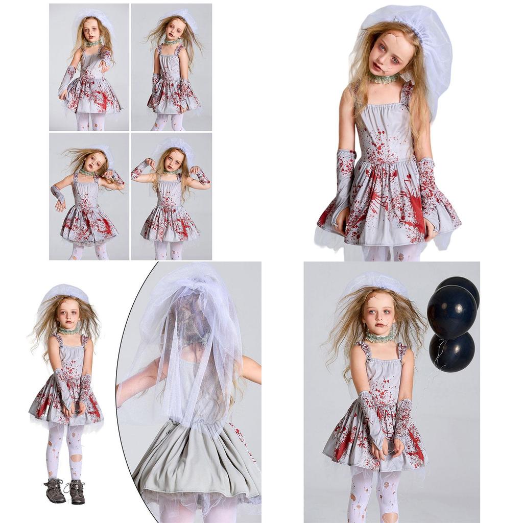 Halloween Partykleid Gruselig Grau Blutfleckig Geist Braut Kostüm Für Kinder Und Erwachsene