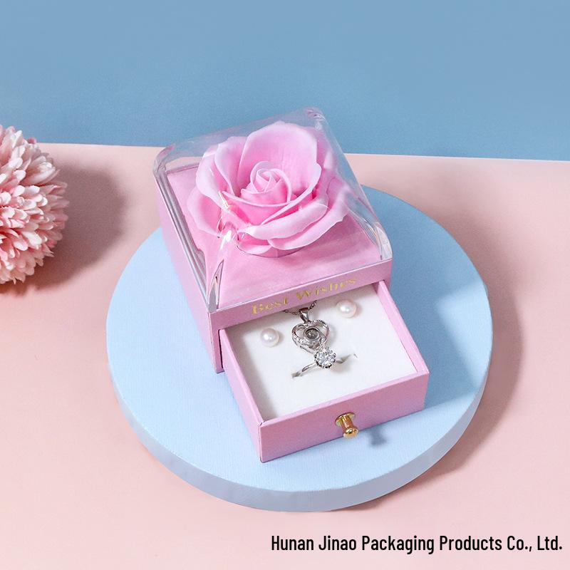 Macaron Color Jewelry Box with Soap Flower and Drawer - Holds Rings, Stud Earrings, and Necklace Pendants.