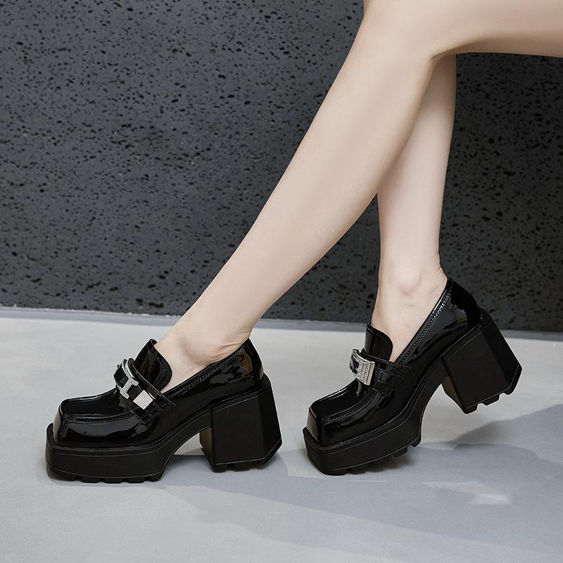 Platform loafers women's 2025 spring and autumn new versatile height increase one pedal thick heel black British style small leather shoes
