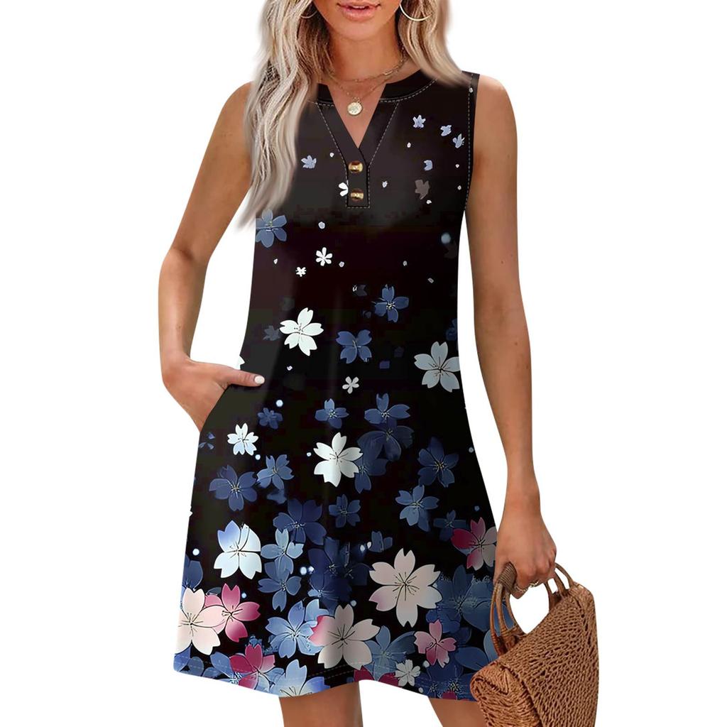 Dámská móda Ležérní potištěné V-neck knoflíky s kapsou Vesta Bez rukávů Šaty