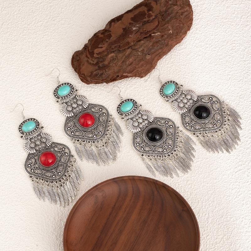 Artisanal Tribal Styles Drop Earrings With Natural Stone Accent Sturdy Alloy Retro Fringe Designs