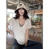 Women's V Neck Short Sleeve Top Loose Fit Casual Fake Two Piece Tee Patchwork Solid Color Blouse