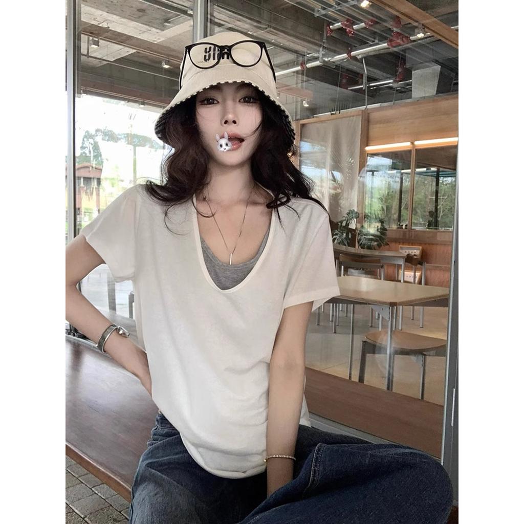 Women's V Neck Short Sleeve Top Loose Fit Casual Fake Two Piece Tee Patchwork Solid Color Blouse