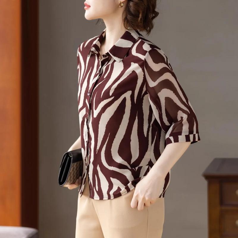 Women Black White Zebra Print Half Sleeve Chiffon Button Down Shirt