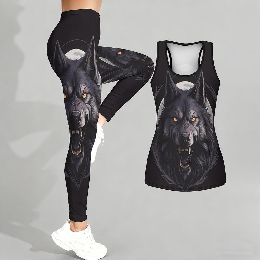 Fierce Wolves Pattern Print Yoga Outfit for Women Fashion Workout Leggings Fitness Sports Casual Yoga Set Sports Suit