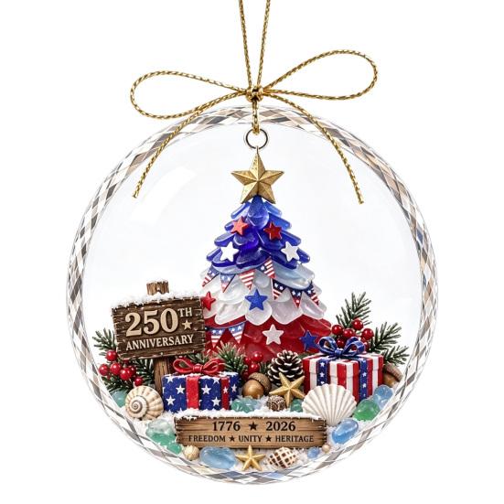 Xmas Tree Hanging Accessory 250 Anniversary USA Sea Glass Christmas Ornament, 1776-2026 Patriotic Faux Crystal Commemorative Keepsake Gift Clear