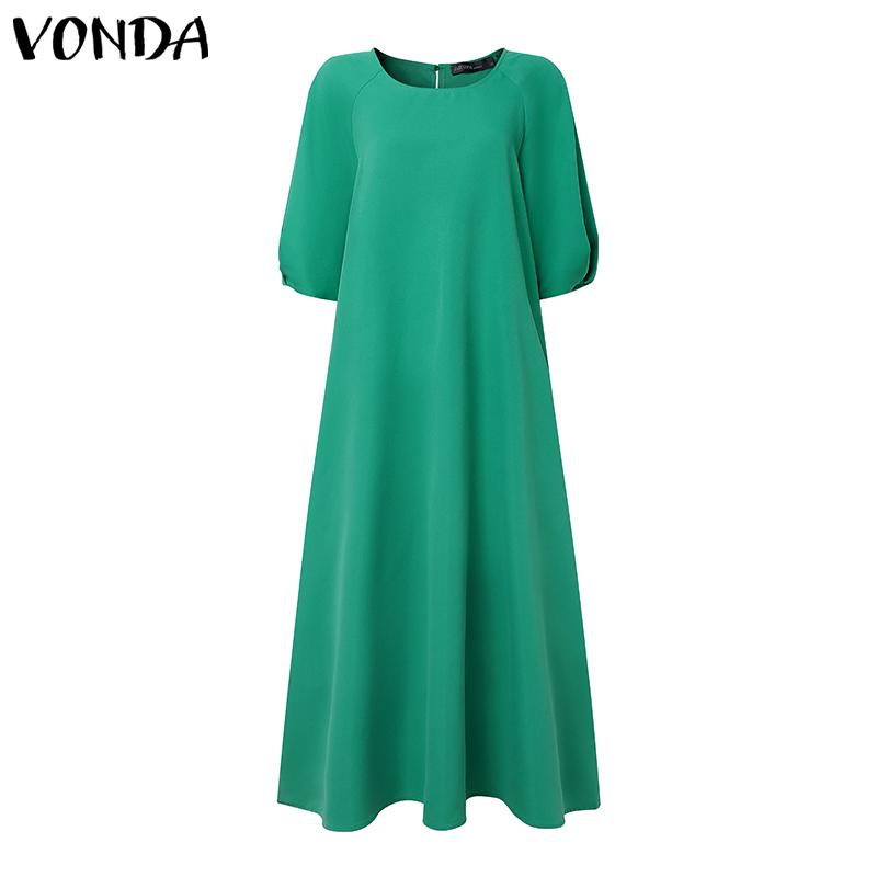 VONDA Elegnat Women Round Neck Batwing Sleeve Baggy Pleated Casual Maxi Dress