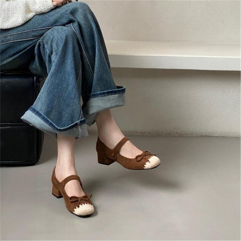 French Small Fragrant Splicing Round Head Thick Heel High Heel Single Shoes Temperament Versatile Commuter Mary Jane Shoes