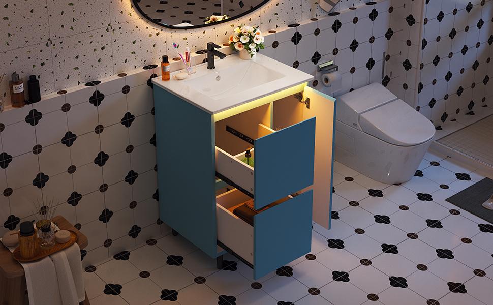 61*46.5*87Cm, freestanding bathroom washstand, lacquered surface, integrated ceramic basin, soft-close hinges, two drawers, high-leg design, blue.