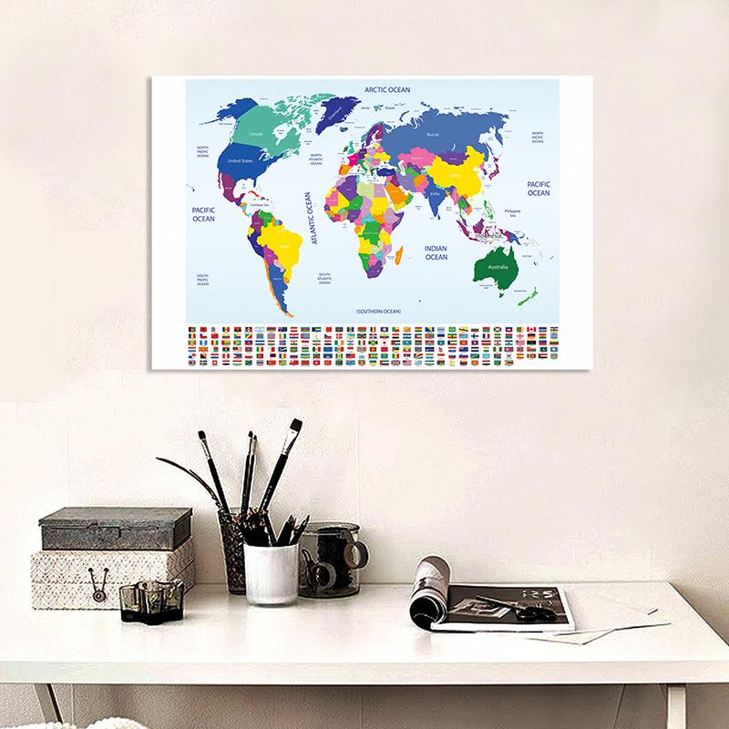 English Map Series Background Cloth World Map Political Distribution Map With Flag Photo Cloth
