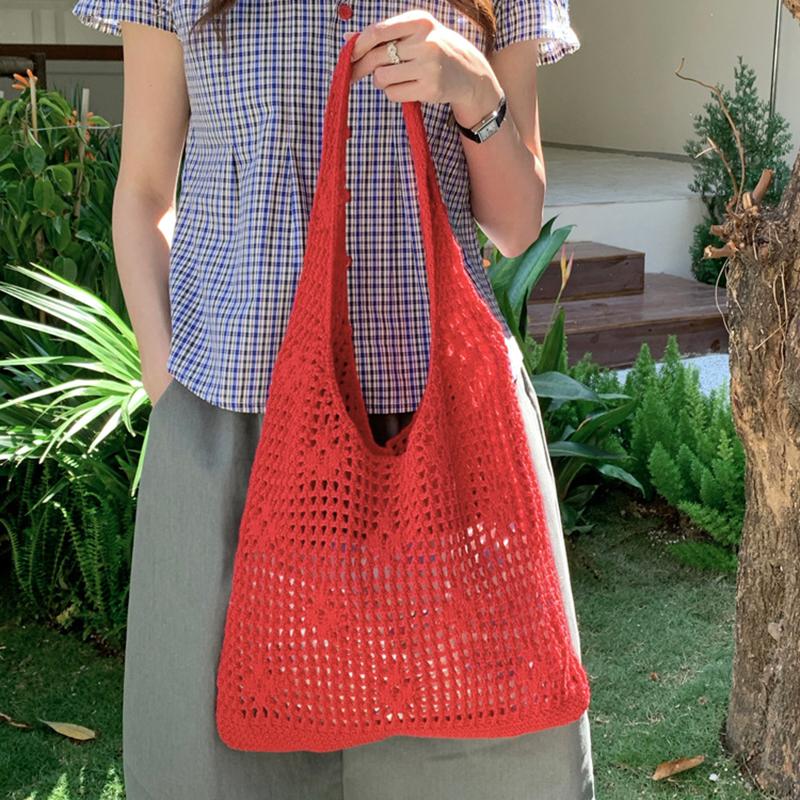 Yogodlns Korean Style Hollow Out Knitted Weave Bag Solid Color Vacation Style Knitted Shoulder Bag Handbag Braided