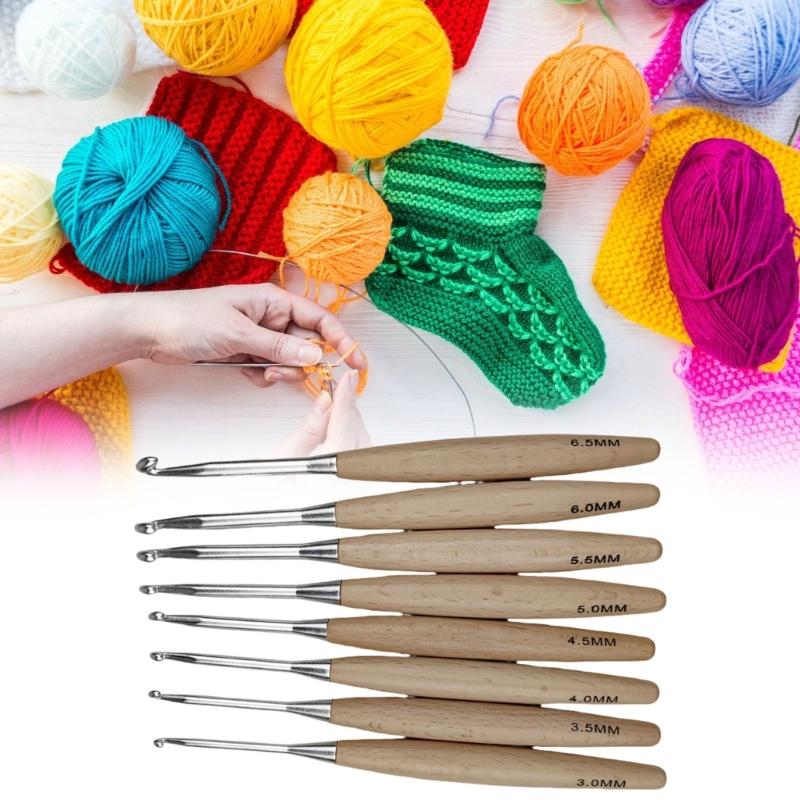8Pcs Ergonomic Grip Crochet Hook for Weaving Craft Wood Handle Crochet Needle Knitting Tool for Beginner 3.0mm-6.5mm