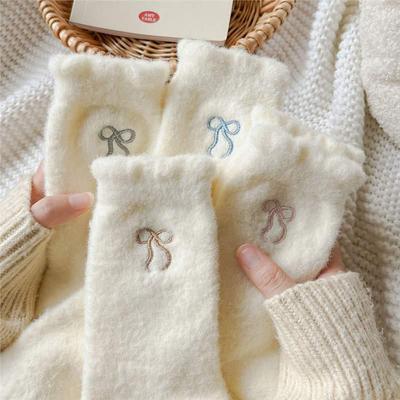 Women's Fleece-Lined Mid-Calf Bowknot Socks - Warm & Cozy Japanese Style for Autumn/Winter