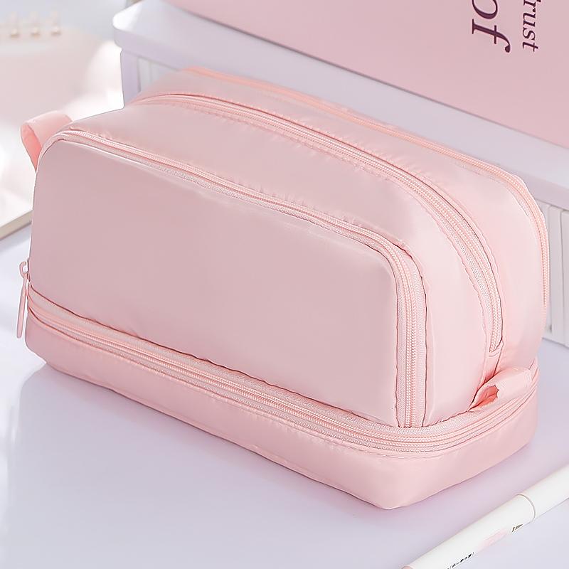 1pcs Dual-side Open Pen Bag Pencil Case 4 Compartments With Zipper & Portable Handle Storage Pouch for Stationery