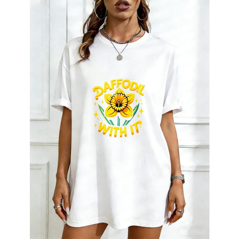 

Oversized T Shirt Black Daffodil Flower And Text Daffodil With It Graphic Print Casual Streetwear For Women XXXXL білий