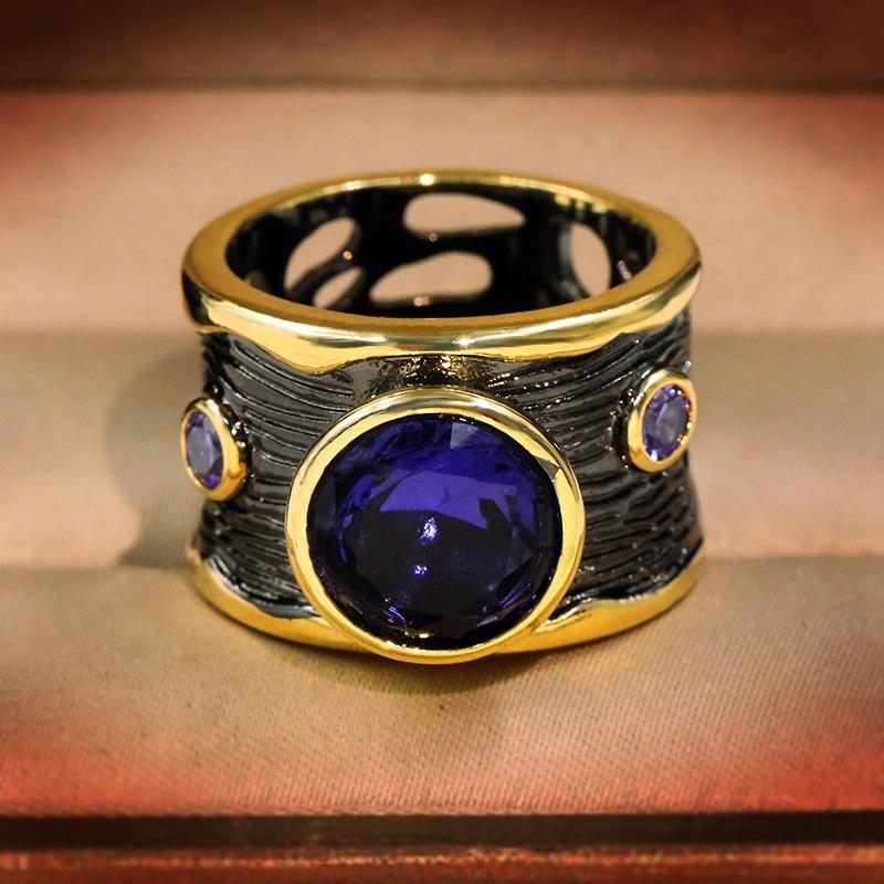 Hot European and N Purple Stone Jewelry with Black Gold Plated Zircon Ring