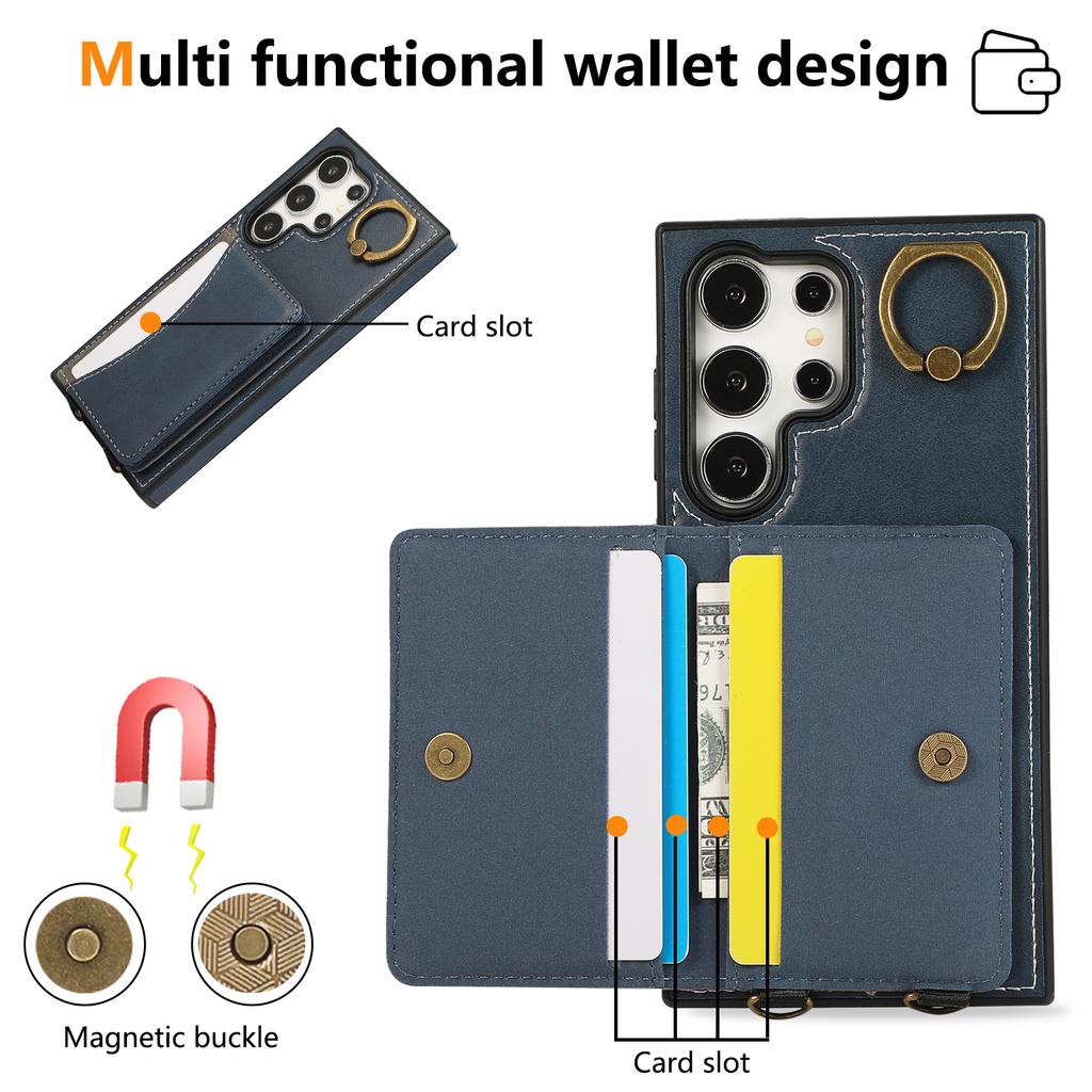 For Samsung Galaxy S24 Ultra PU Leather Back Case Card Holder Kickstand Phone Cover with Wrist Strap