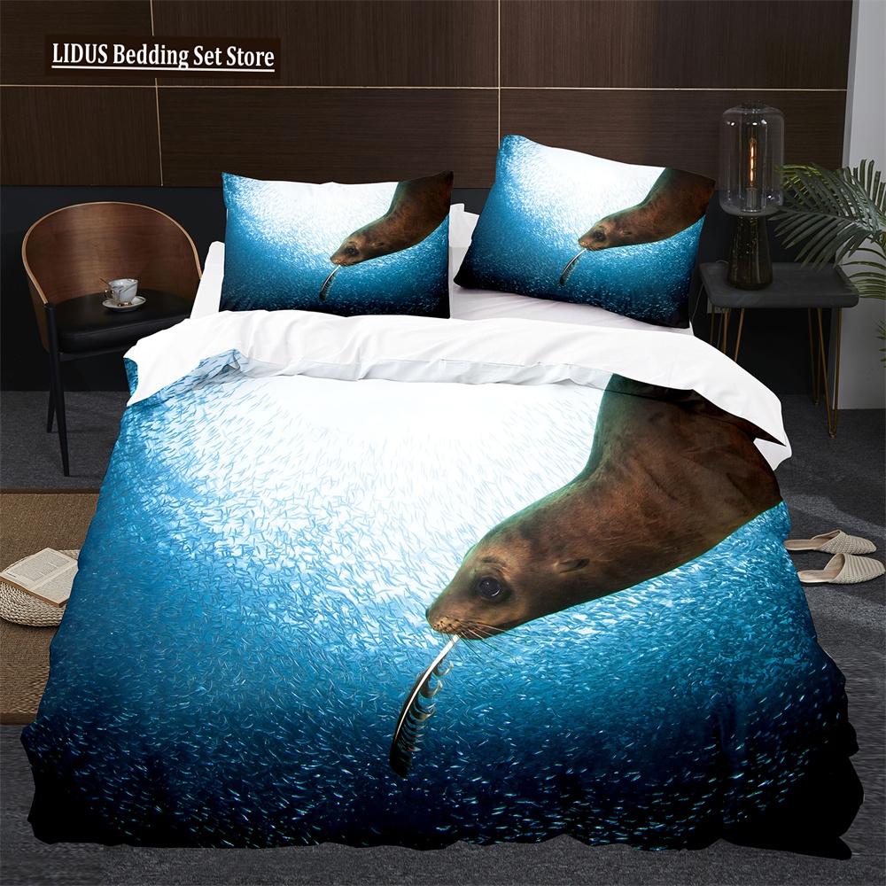 Sea Lion Duvet Cover King Queen Size Lovely Ocean Animals Bedding Set For Kids Boys Girls Blue Sea Beach Polyester Quilt Cover