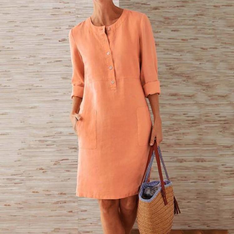 Elegant Plus Size Long Sleeve Tunic Kaftan Dress Casual Solid Color Cotton Linen for Women