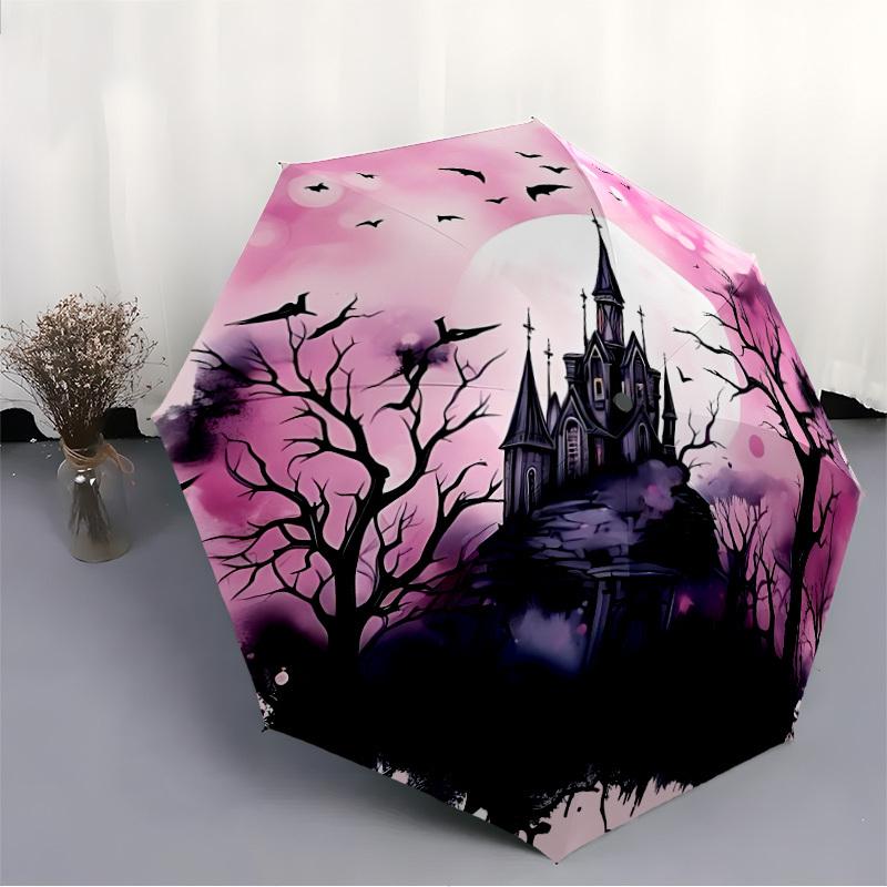 1pc Haunted Castle Automatic Folding Umbrella Compact Lightweight Travel Umbrella with 8-Rib Sturdy Frame, Windproof & Self034