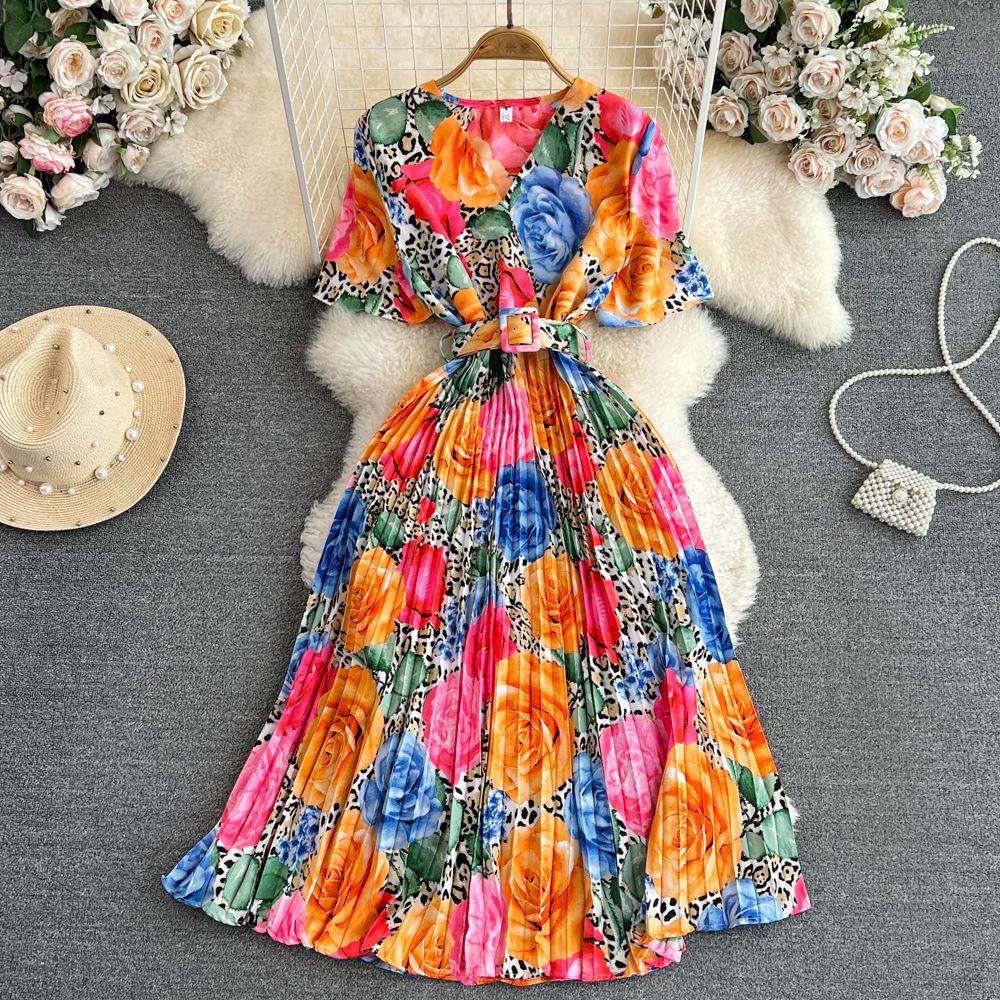 Summer Women's Light Mature Style Retro Temperament Short-sleeved V-neck Waist Thin Medium-length A-print Pleated Dress