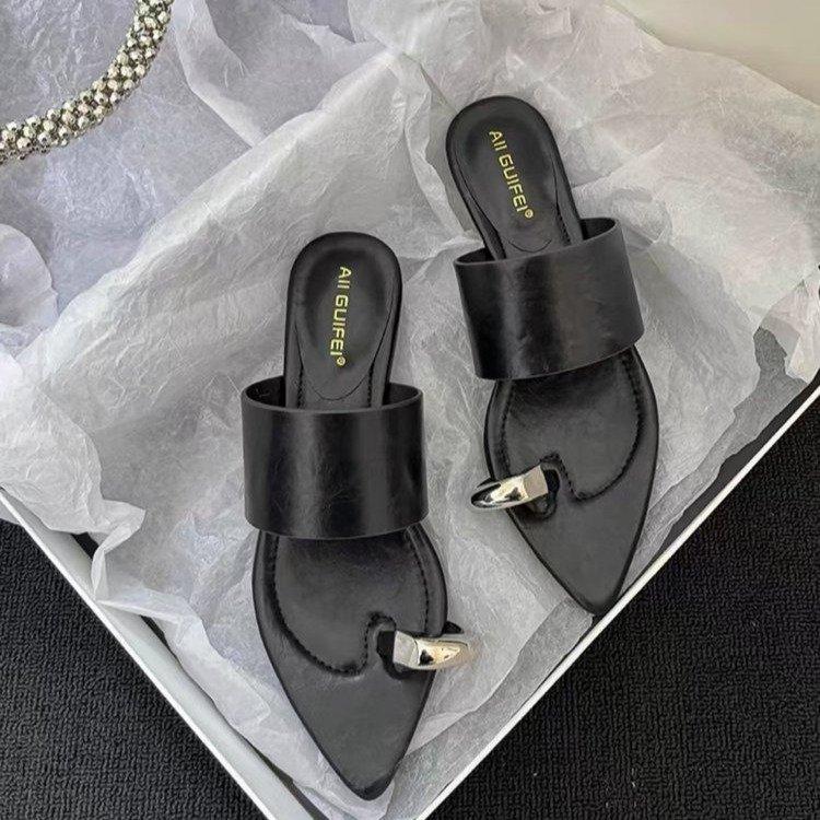 French Metal Buckle Silver Casual Toe Slippers Slope Heel Flat Sandals Women's 2025 Spring and Summer New Cool Slippers