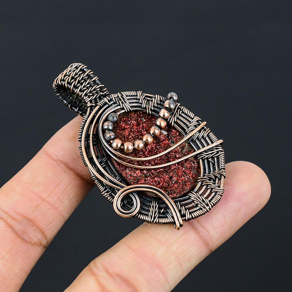 Natural Red Titanium Druzy Gemstone Handmade Copper Wire Wrap Pendant 2.36" v9C80
