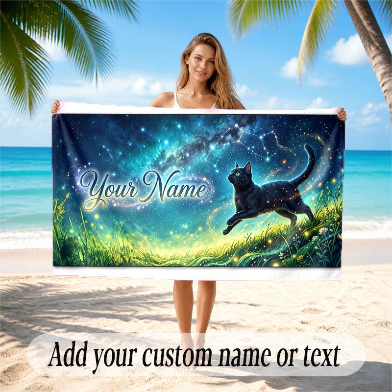 Cat Theme Soft Beach Towel Personalized Custom Name Text Towel Portable for Beach Pool Travel