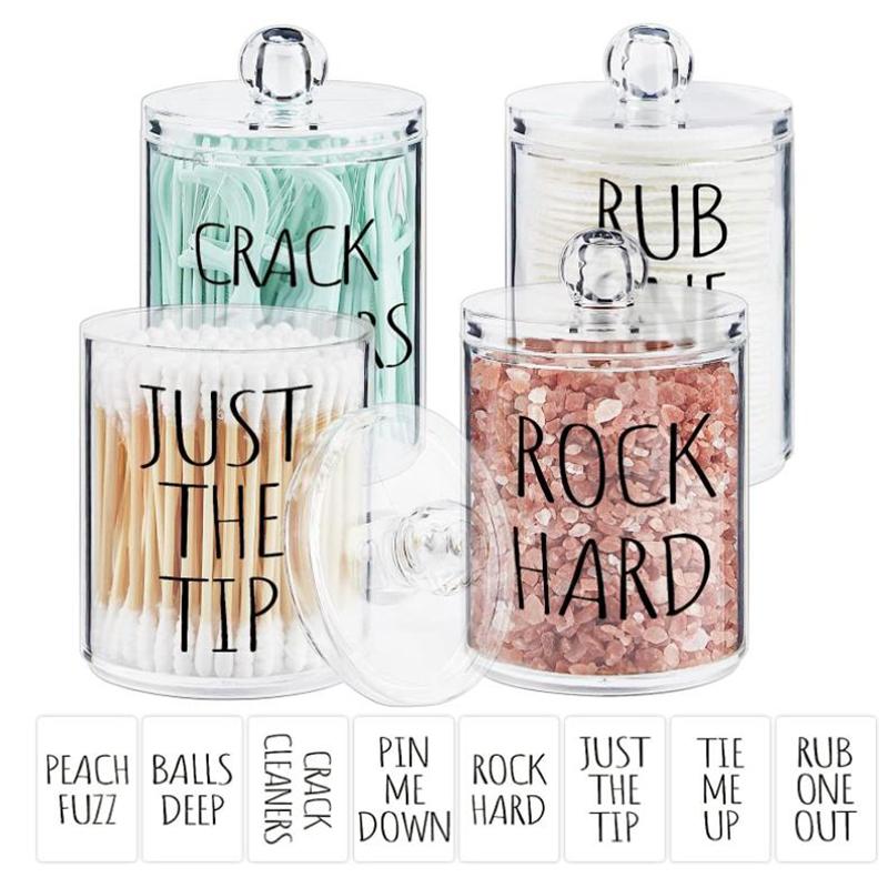 4 Pack Qtip Holder Dispenser with Lids and Labels - 10 Oz Apothecary Jars Bathroom Vanity Canister Organizer for Swabs, Floss