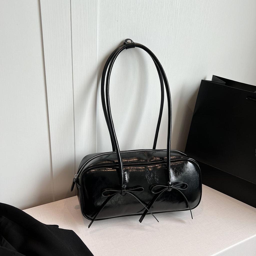 Geantă de umăr pentru femei, geantă Boston cu fundă, textură în stil pădure, geantă de nișă și la modă pentru subraț