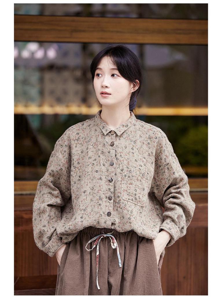 Retro Women's Brocade Color Casual Slimming Linen Shirt for Autumn