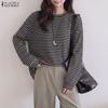 Womens Autumn Crewneck Long Sleeve Casual Striped Oversized Pullover Tops Basic Loose Blouse