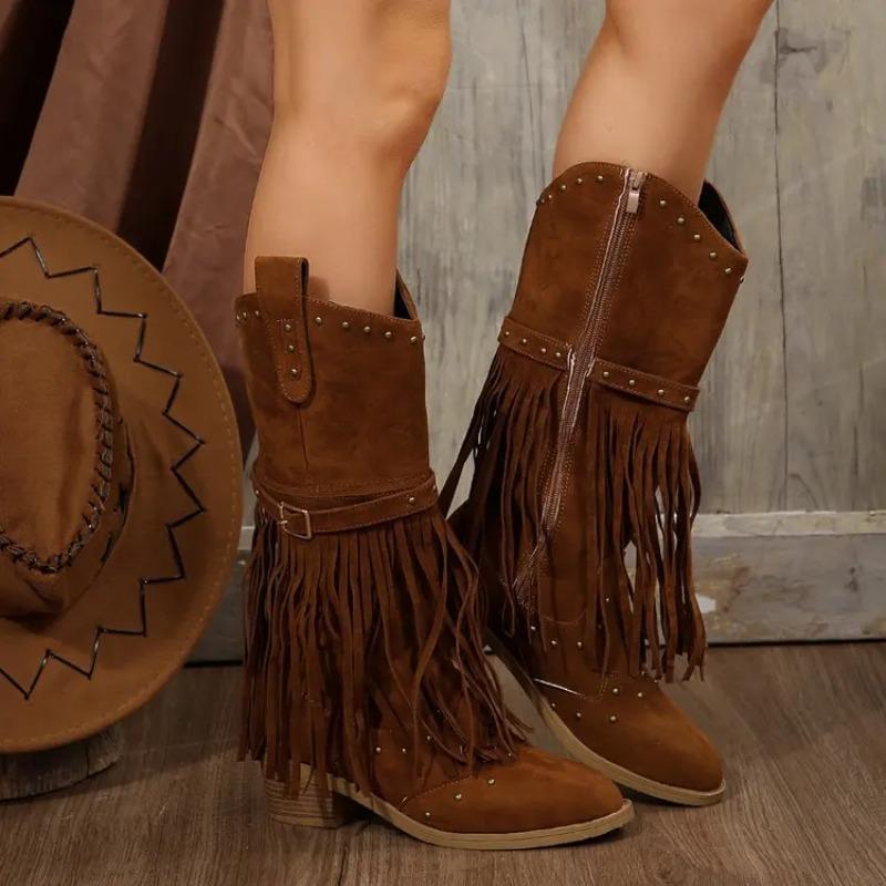 Womens Mid-Calf Boots Fashion Pointed Toe Thick Heel High Heeled Boots Fringes Design Fashion Boots Retro Rivet Mid-Calf Booties