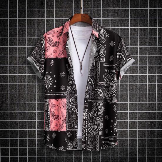 Pánská letní plážová košile Barevný potisk Krátké rukávy Jednořadý kardigan Volný Střední délka Ohrnovací límec Pánské Top