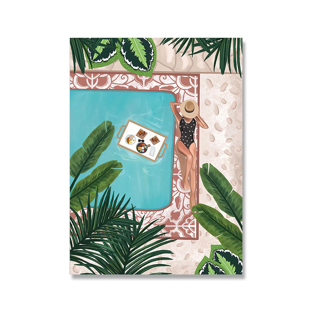 Marokko Frau Reise Wandkunst Leinwand Schwimmbad Tropisches Blatt Nordische Poster und Drucke Wandbilder für Wohnzimmerdekor