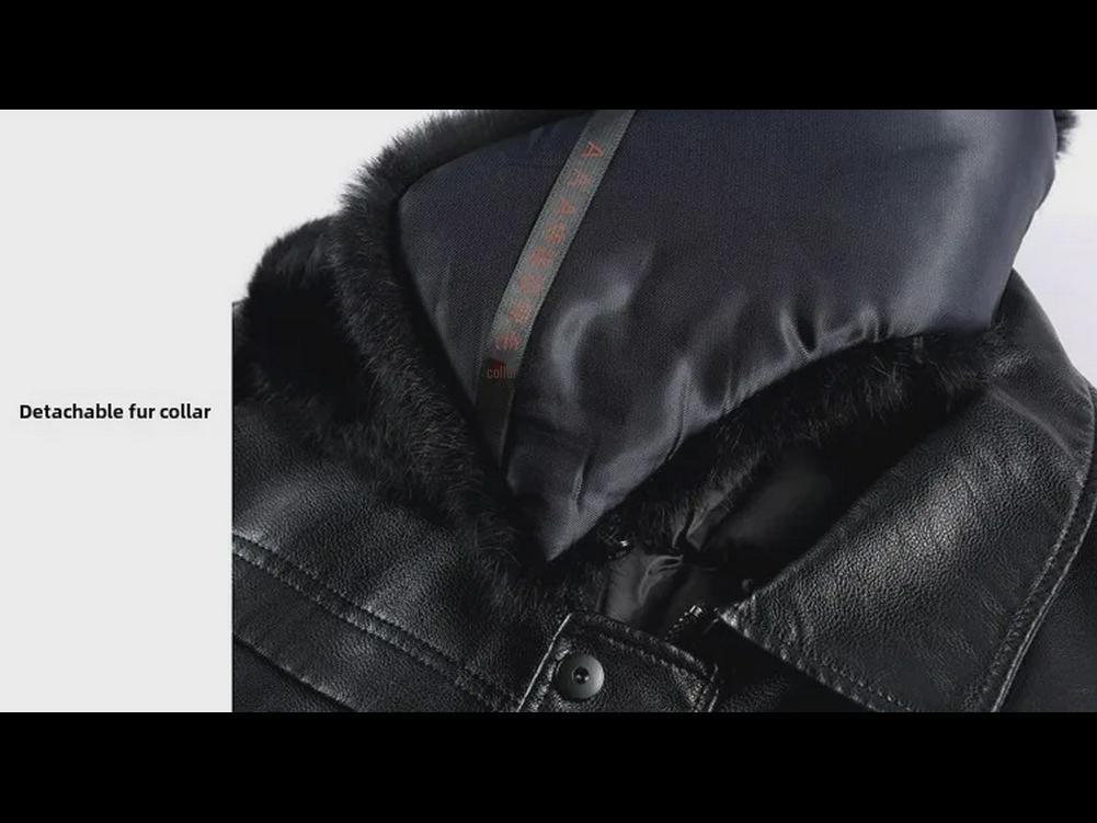 Chaqueta de cuero genuino de invierno para hombre con cuello de piel desmontable y forro de plumón: ideal para personas de mediana edad y mayores.