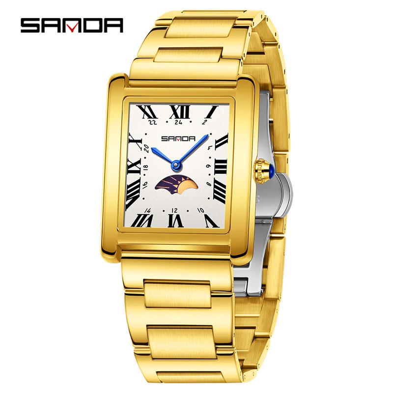 Sanda Elegant Ladies' Square Alloy Waterproof Quartz Watch with Roman Numerals and Moon Phase.