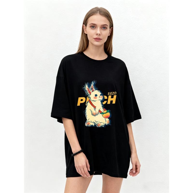 

Oversized T Shirt Black Rabbit With Peach And SEZO PUNCH Graphic Print Casual Streetwear For Women XXXXL чёрный