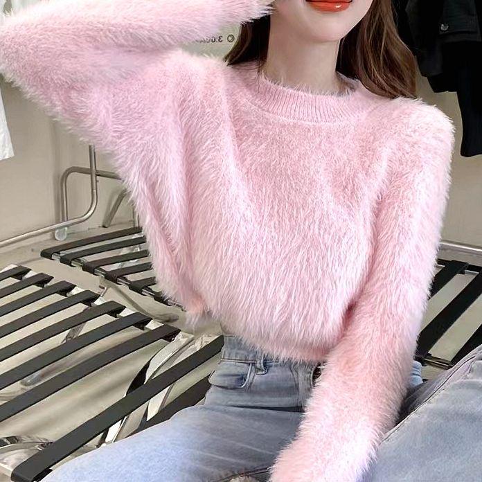 

Женский мягкий бархатный свитер - нежный стиль осень/зима, длинный рукав, короткий трикотажный тренд One Size розовый