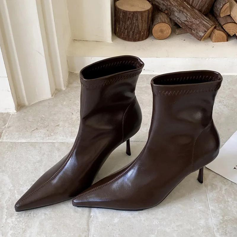 Eilyken Autumn Soft Leather Women Ankle Boots Sexy Thin Heels Ladies Shoes Fashion Pointed Toe Comfortable Short Botas De Mujer