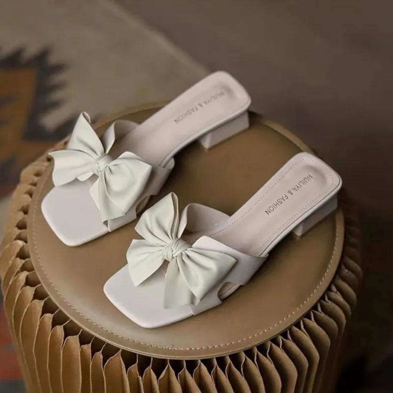 2024 Damesko Sommer Firkantede Hæler Tøfler for Kvinner Grønne Sløyfer Sandal Damesko Pluss Stor Størrelse 42