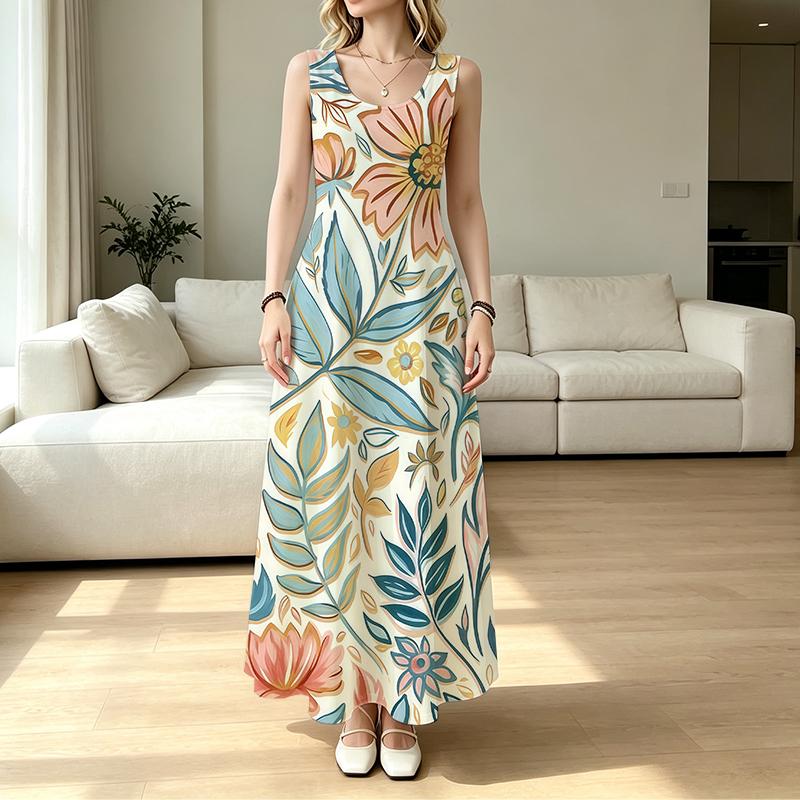 Women's Sleeveless Floral Print Maxi Dress Flowy & Comfortable,Versatile for Beach,Daily Street,Vacation,Spring & Fall Layering