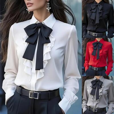 Women's Formal Shirt Collar Bow Tie Ruffles Long Sleeve Blouse Bow Tie Separate