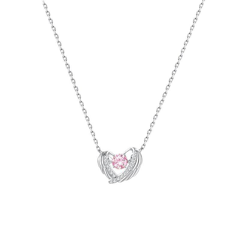 Huitan Angel Wings Beating Heart Necklace Lady Sweet Love Jewelry Bright Round Zirconia Pendant Accessories for Wedding Party