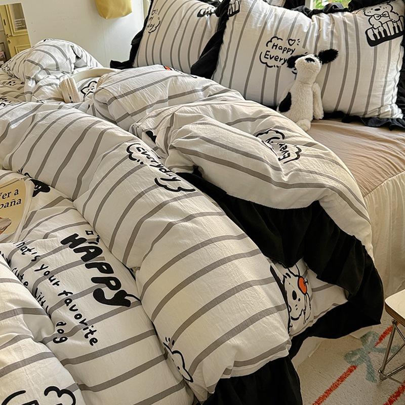 Small Fresh Pure Cotton Four-piece Set Lace Korean Version Princess Style Washed Cotton Bed Skirt Quilt Cover Cream Style Bedding