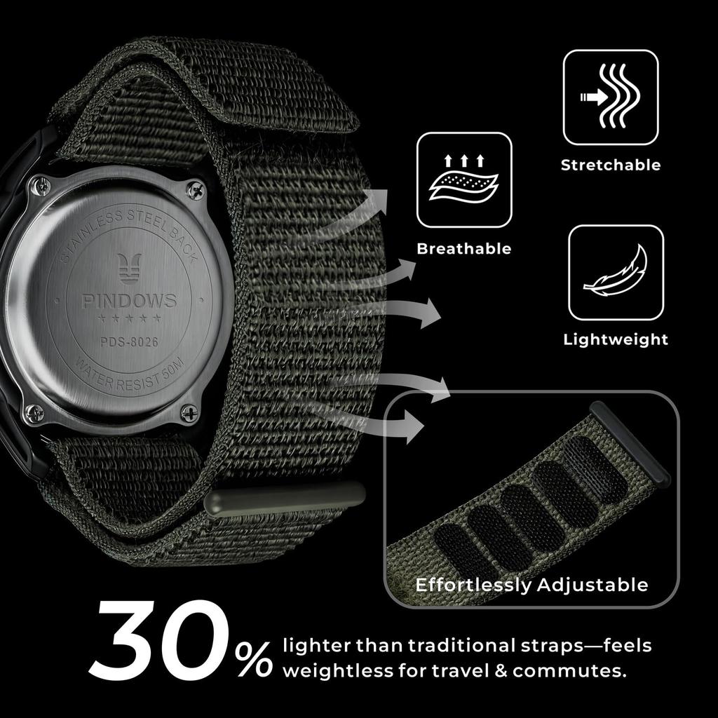 PINDOWS Digital 50M Water Velcro Watch Men's Watch, Resistant, Closure, Work/Sports